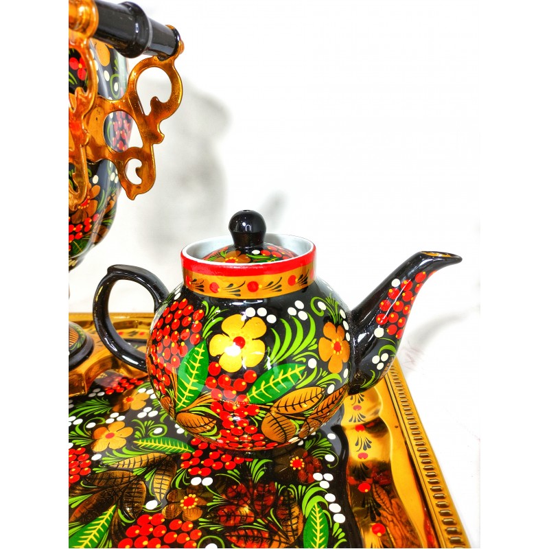 Самовар в наборе с чайником и подносом с художественной росписью хохлома (рябина)