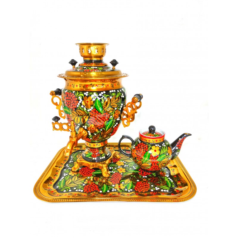 Самовар в наборе с чайником и подносом с художественной росписью хохлома (рябина)